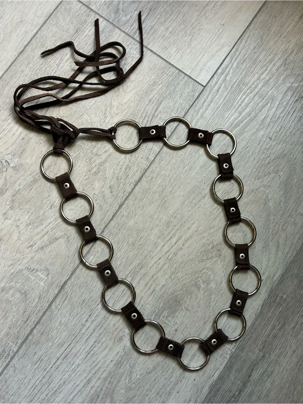 Brown O Ring Link Waist Belt w Leather Suede Ties Boho Coastal Cowgirl Festival
